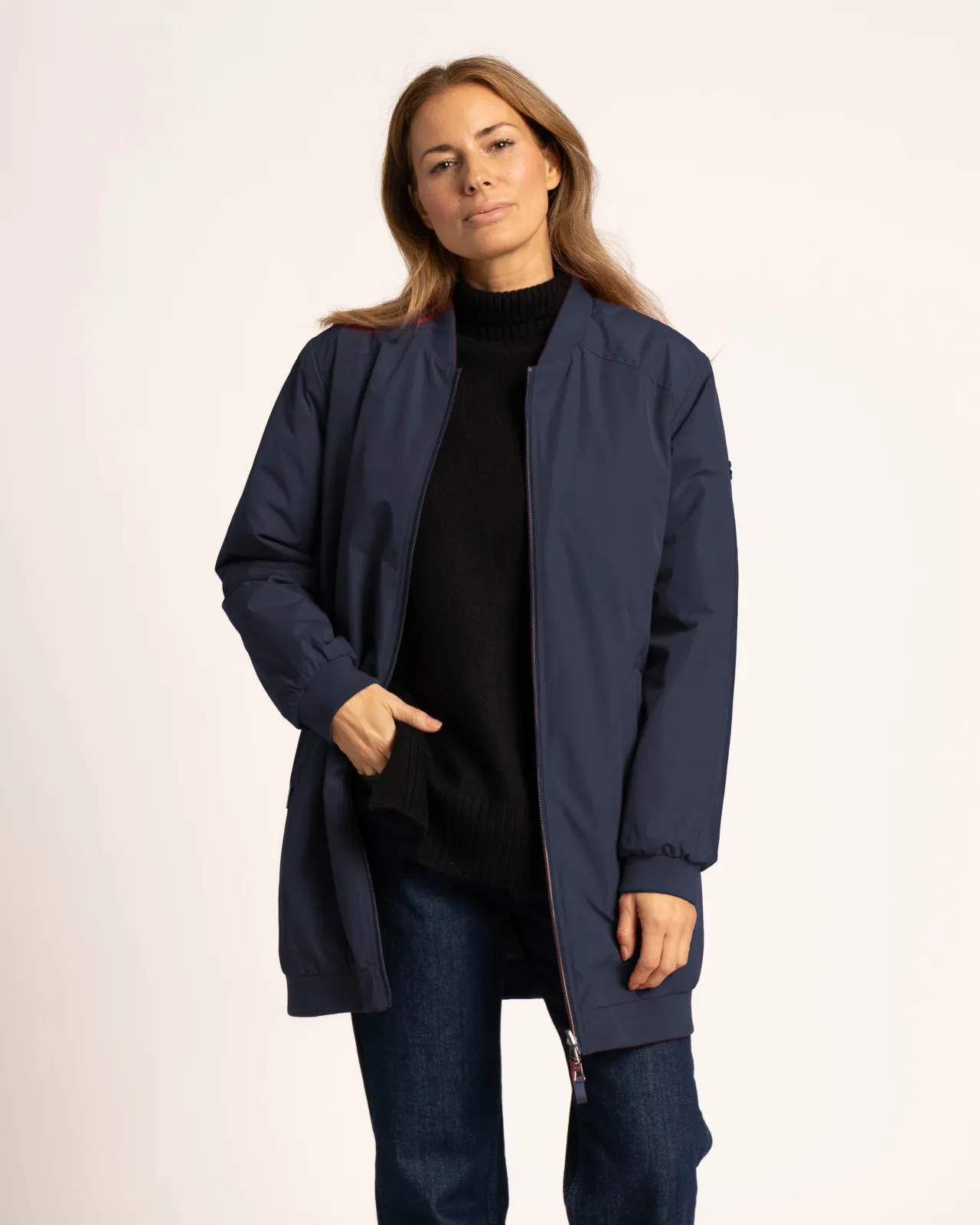 Wende-Longbomber Soft-Peach - Lange, wendbare Bomberjacke für Damen